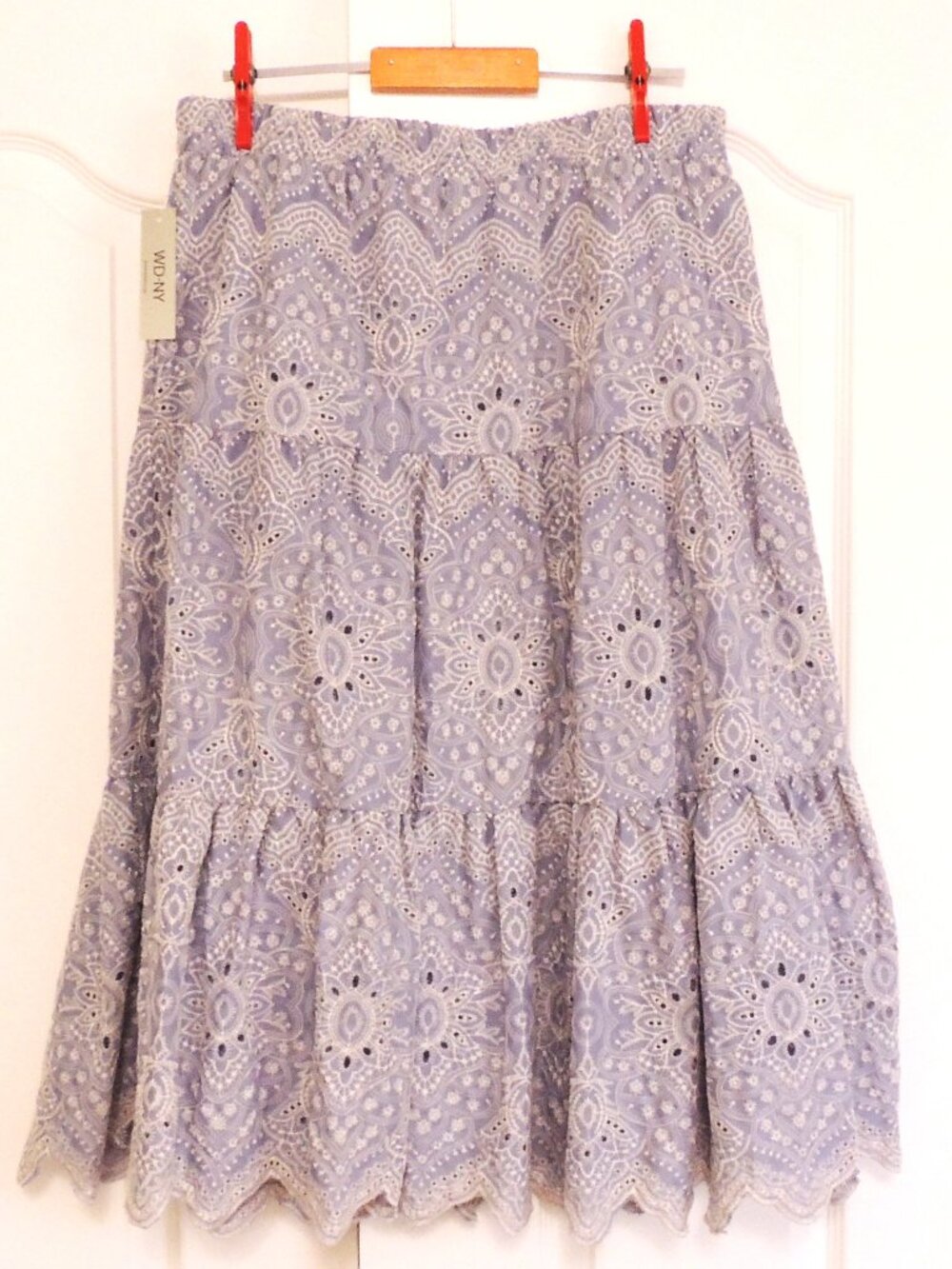 Blue and white embroidered eyelet tired skirt by WD-NY( Warren Edwards/David NY)
